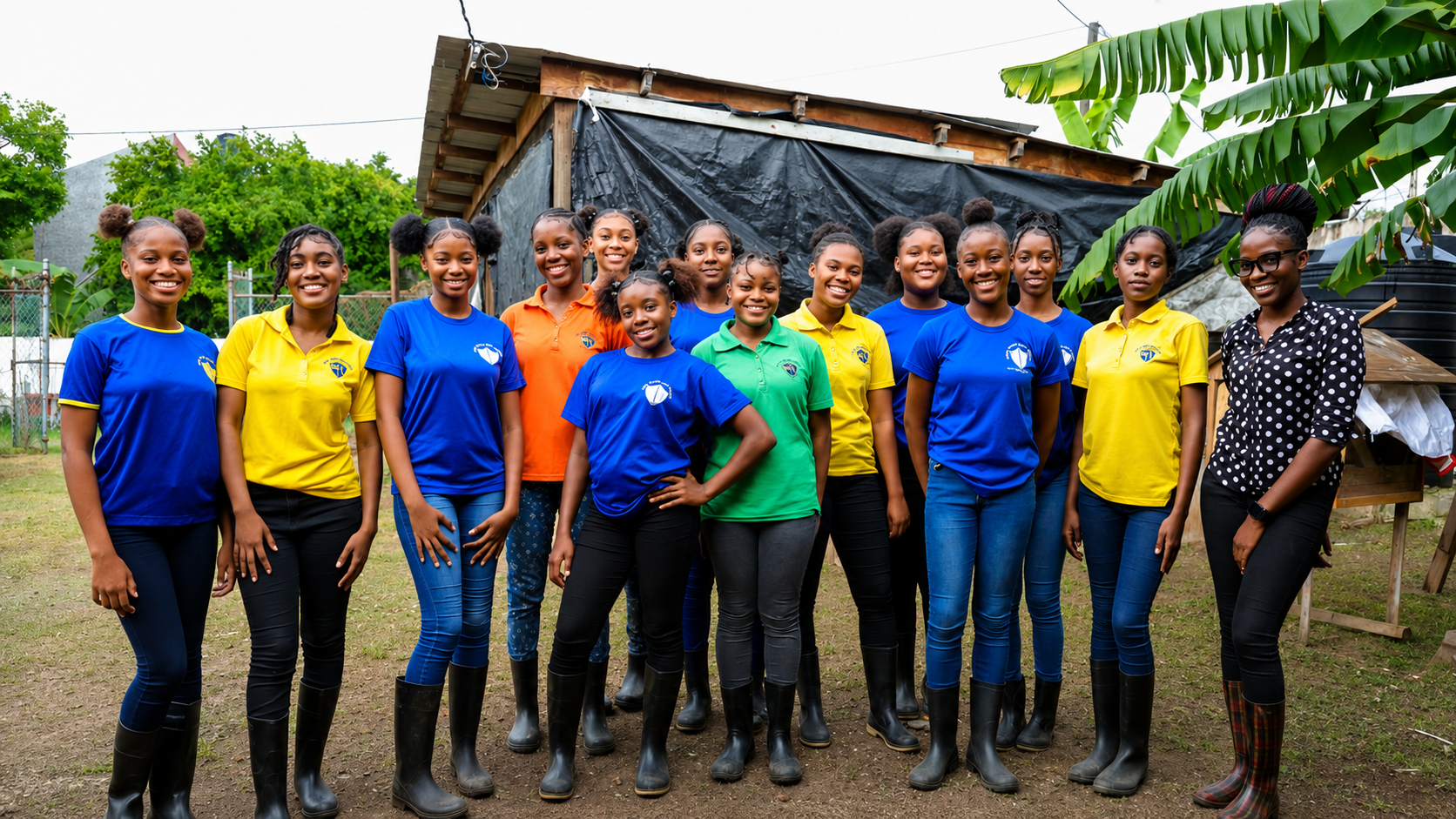 Agricultural science students and an educator gather beside a school garden.